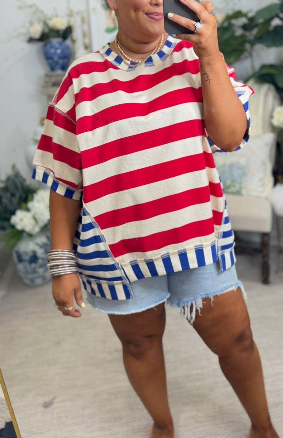 Womens Loose Casual Striped Patchwork Top