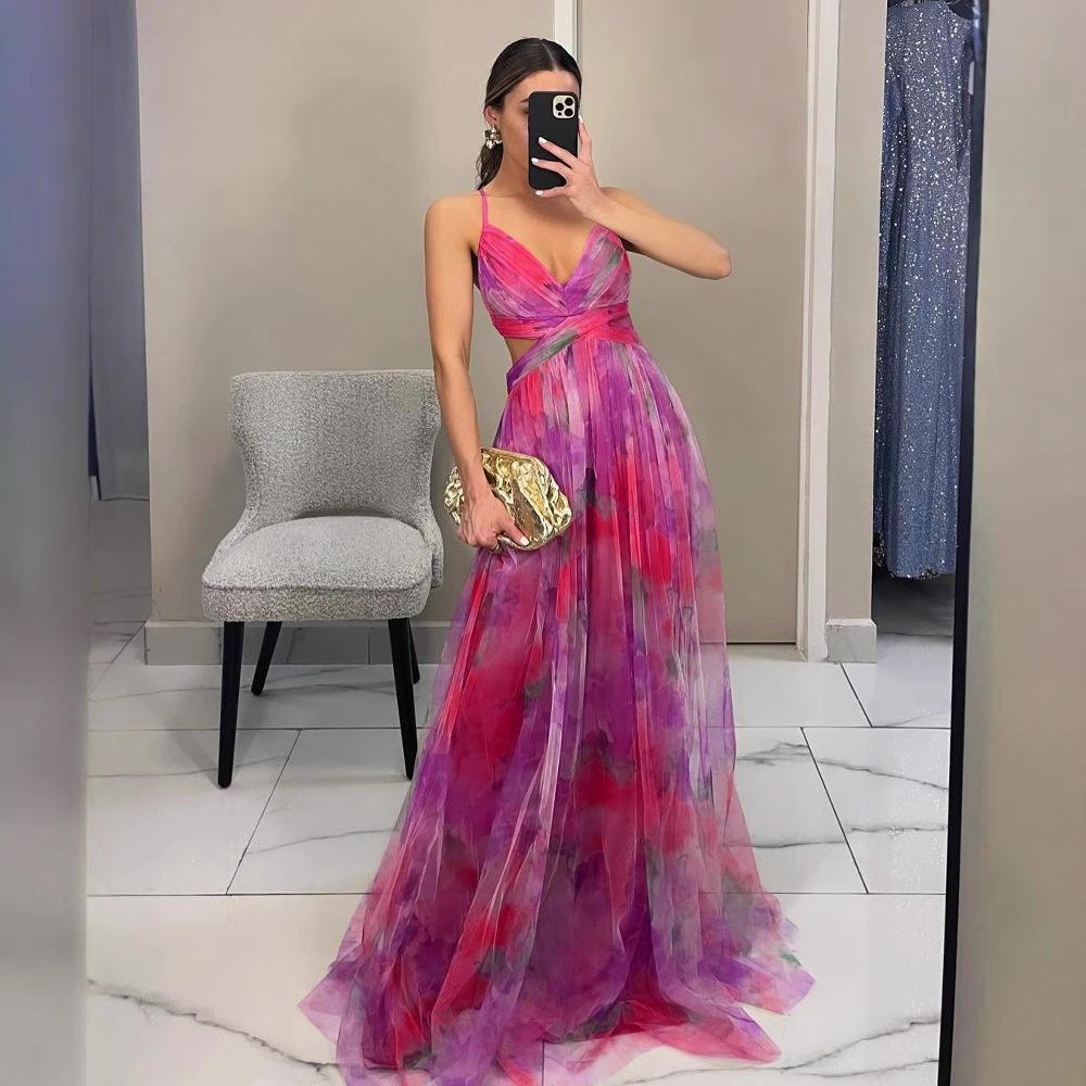 Summer New Mesh Print Spaghetti Strap Dress, Elegant & Sexy Vacation Lounge & Party Slip Dress