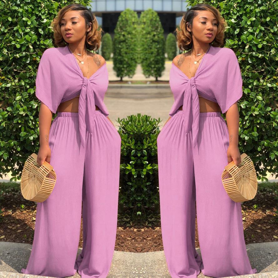 Deep-V Casual Wide-leg Pants Set For Women