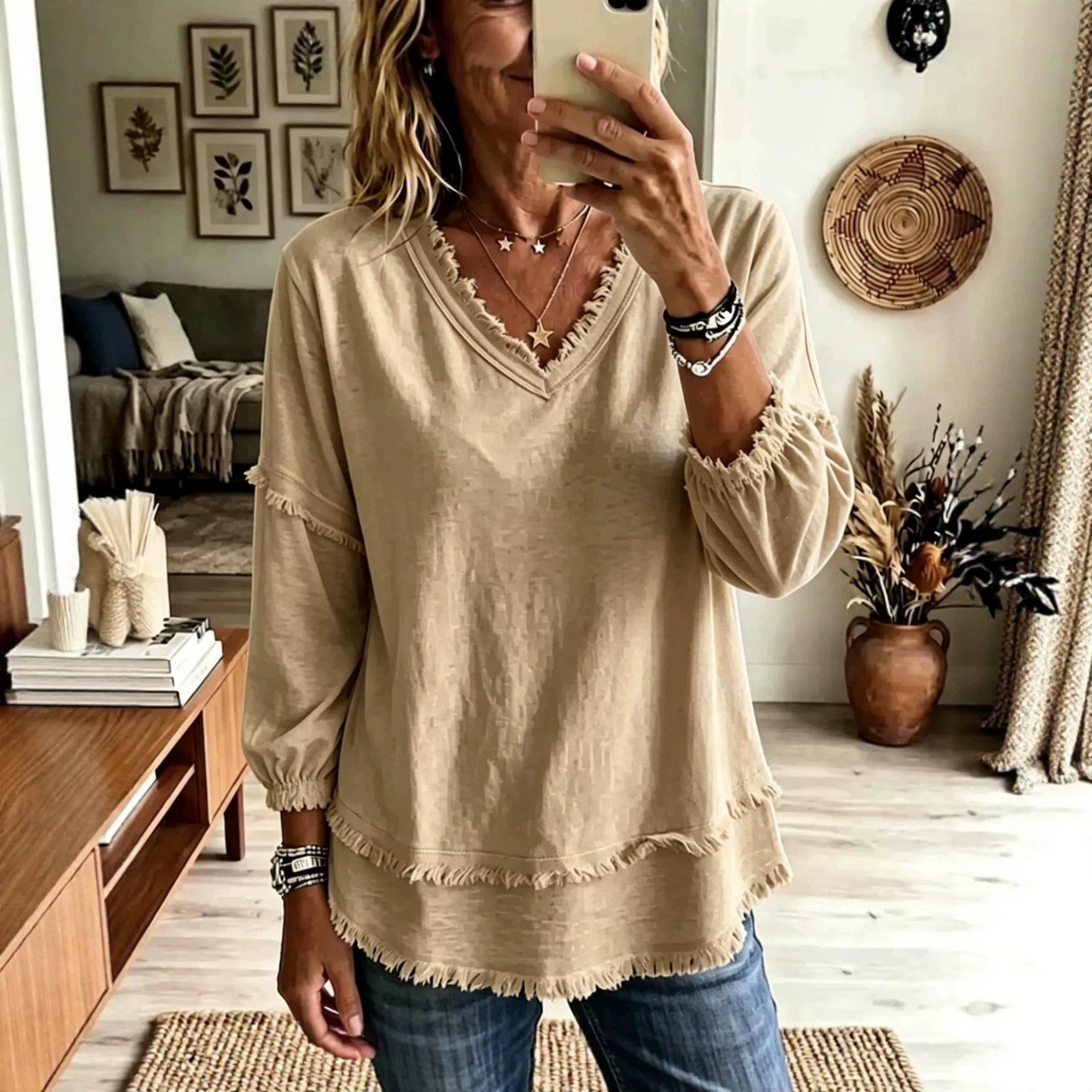 Women's Fashion Long Sleeve Top - Casual Loose Fit Blouse For Daily Wear