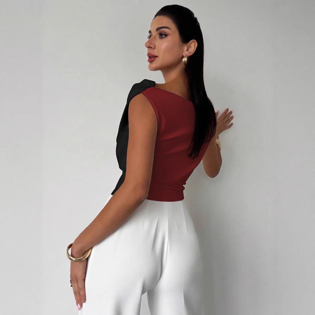 Color-blocked Asymmetric Shoulder Ruffled Hem Slim-fit Versatile Elegant Commuter Top