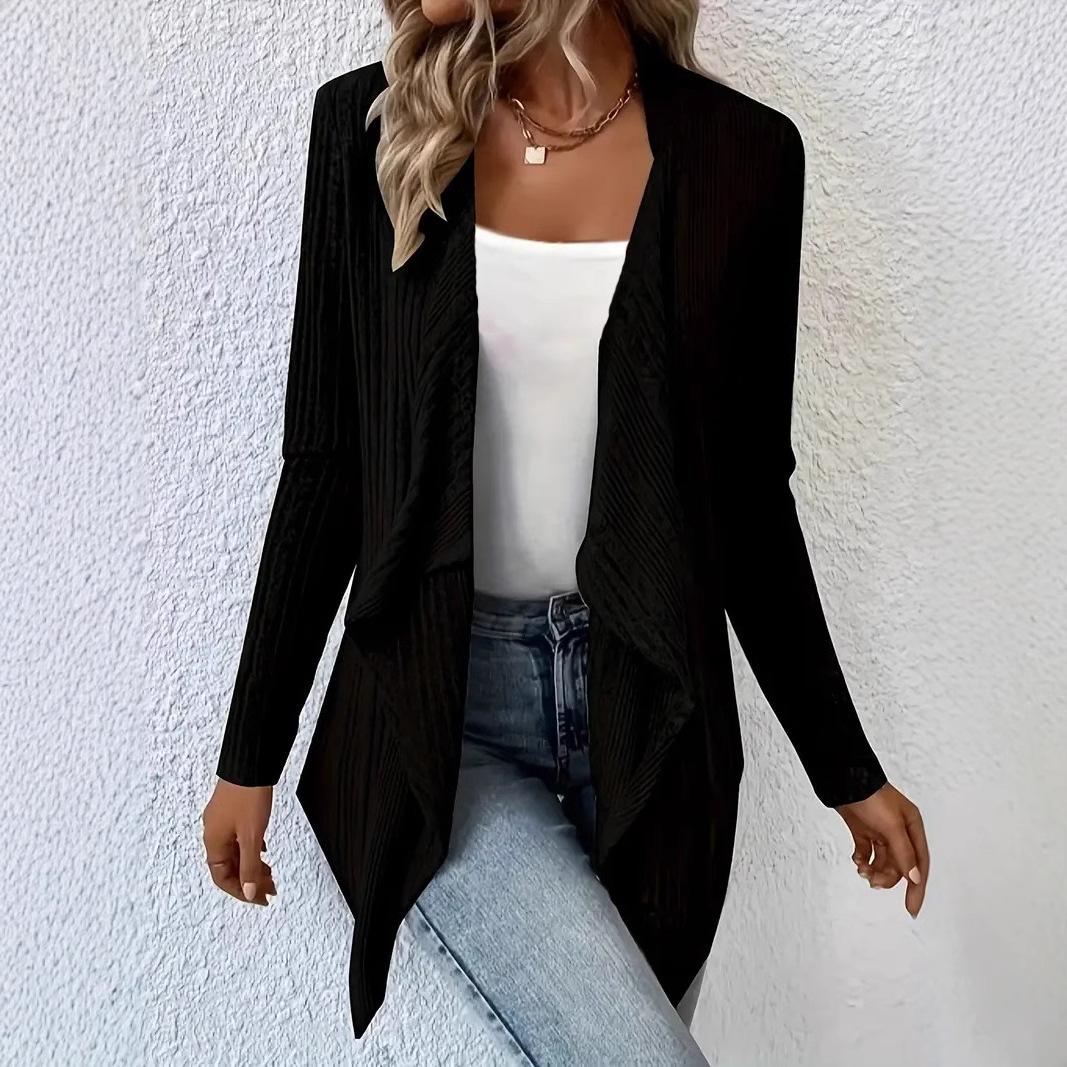 Solid Color Fashionable Ribbed Knitted Cardigan Long Sleeve Sweater
