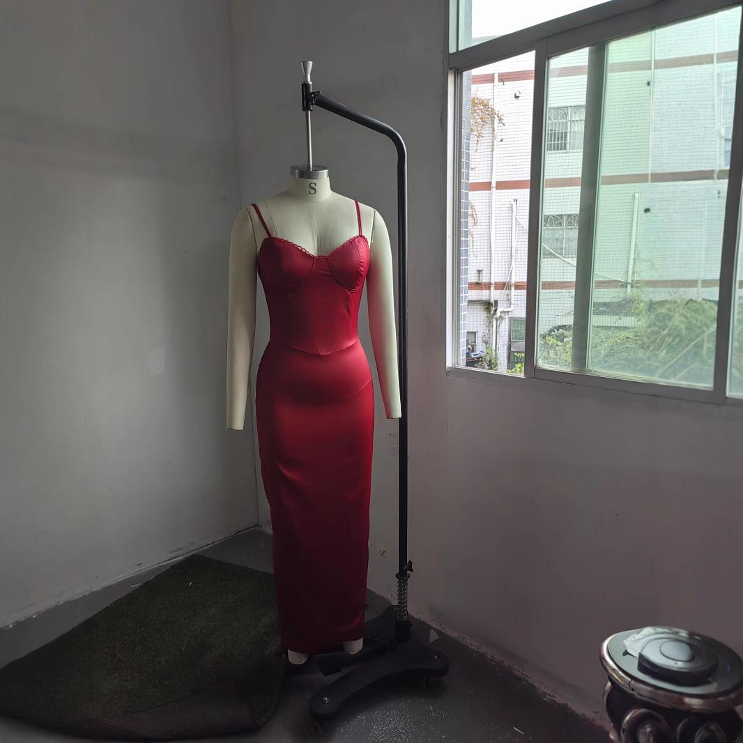 Ladies New Camisole Wine Red Evening Dress