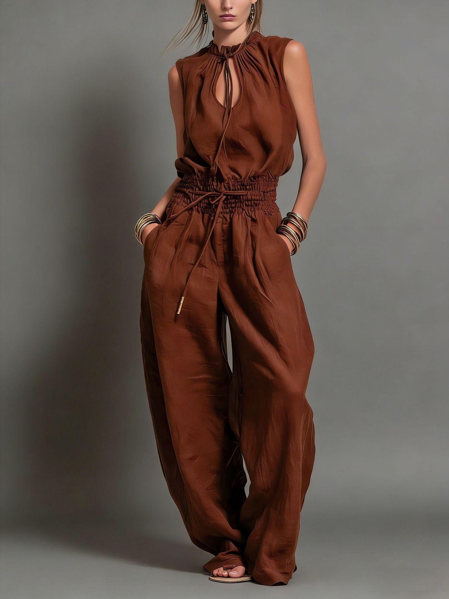 Personalized Street-style Loose-fitting Sleeveless Waist-cinching Wide-leg Jumpsuit