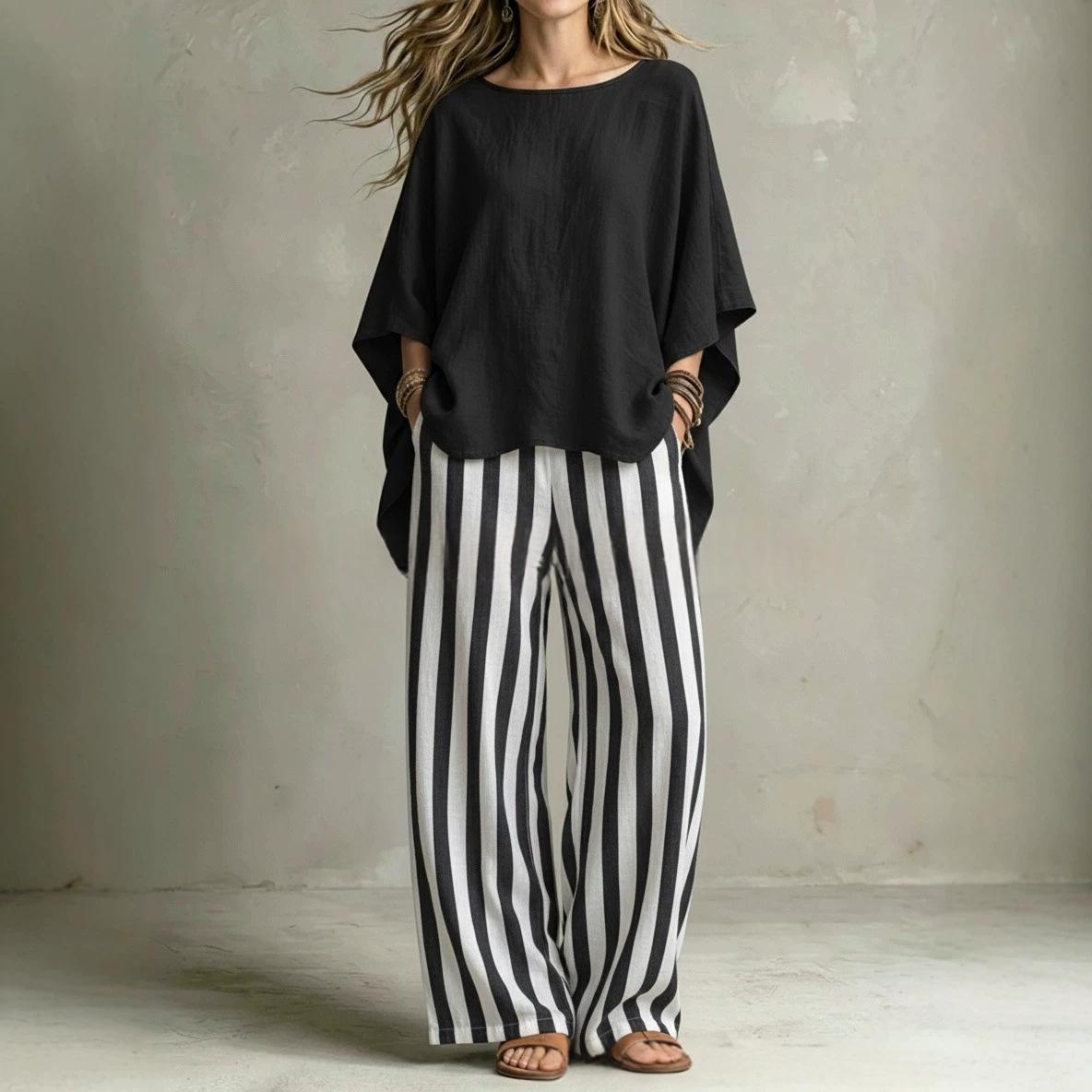 Womens Striped Pants And Cotton-Linen Top Set With Batwing Sleeves
