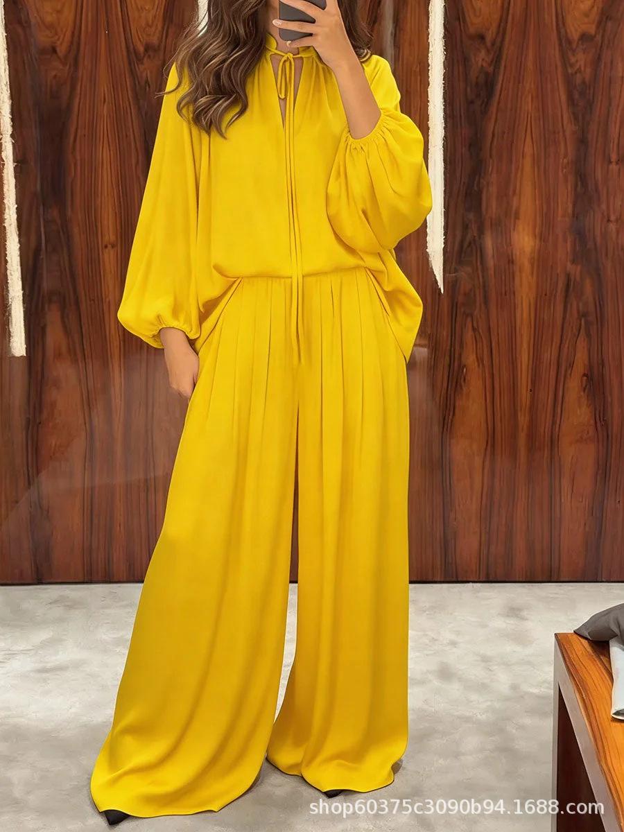 V-neck Lantern-sleeve Long-sleeve Loose Top And Elastic-waist Wide-leg Pants Set