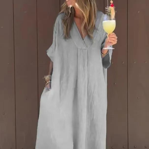 Washed Cotton Casual Short Sleeve V-neck Dress
