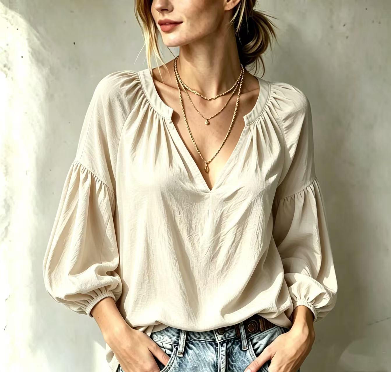 Womens Casual V-neck Pleated Loose-fit Long-sleeve