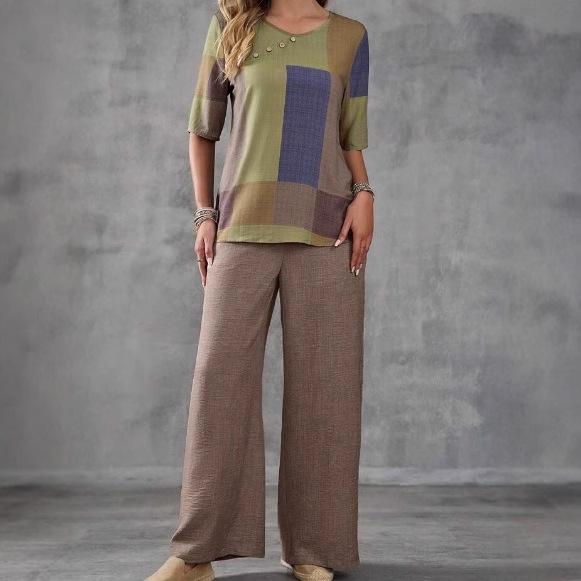 Woven Geometric Printed Top Solid Color Pants Fashion Casual Set