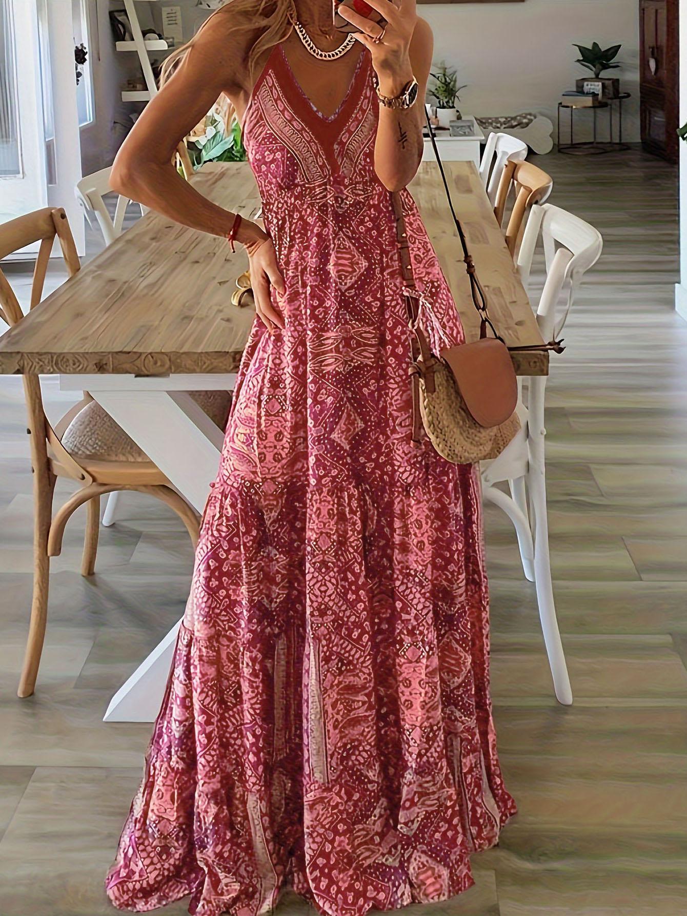 Plus Size Women's Boho Floral Print Spaghetti Strap Maxi Dress, High Waist V Neck Bohemian Long Dress