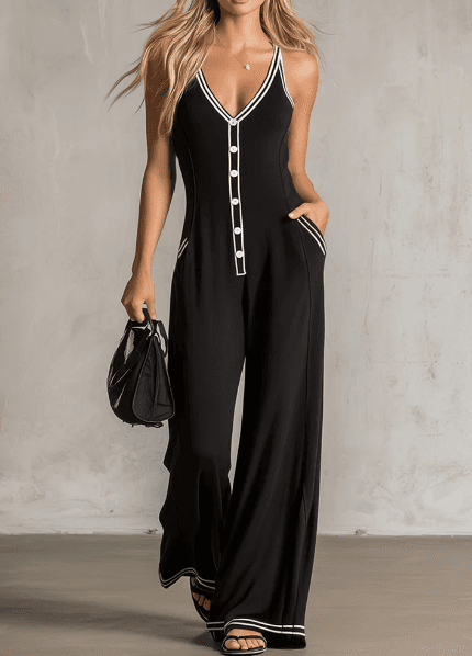 Wide Leg Sleeveless V-neck Buttoned Casual Jumpsuit