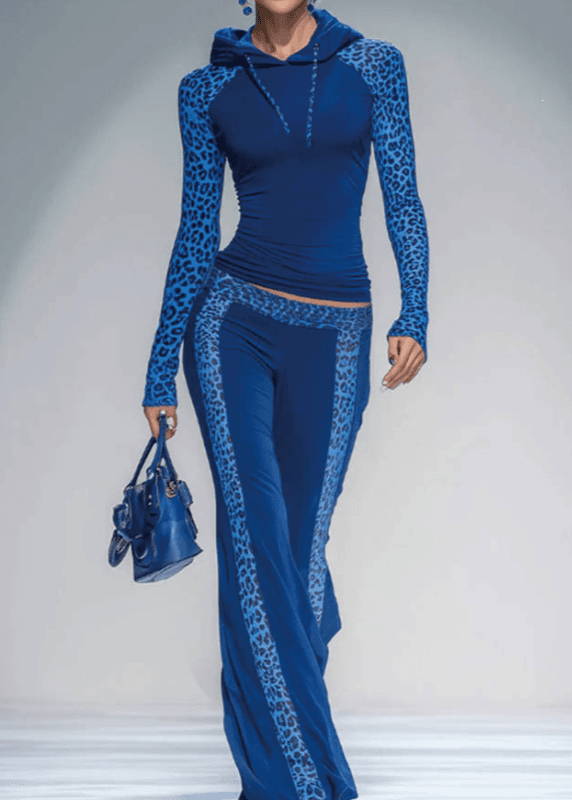 Leopard Print Patchwork Hooded Slim-fit Flared Pants Casual Suit