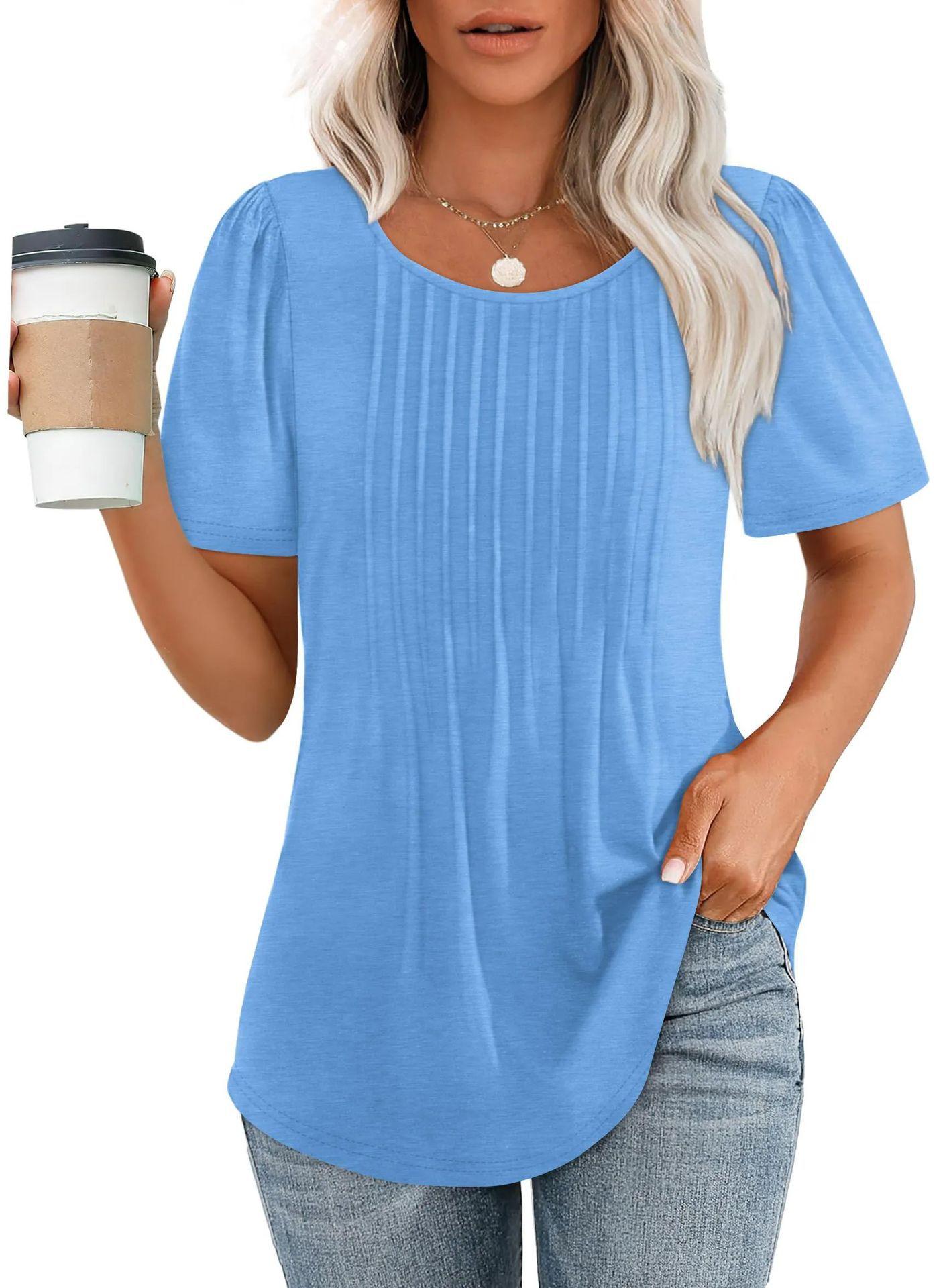 Pleated Round Neck Short-sleeved T-shirt Women's Top