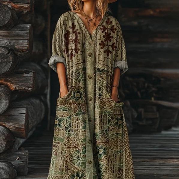 Women's Vintage Floral Art Pattern Print Pocket V-neck Pocket Dress