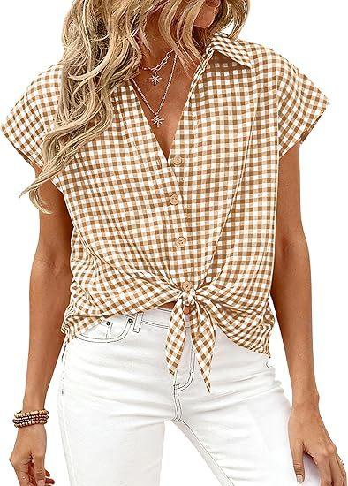 Womens Short-sleeve Plaid Button-up Blouse