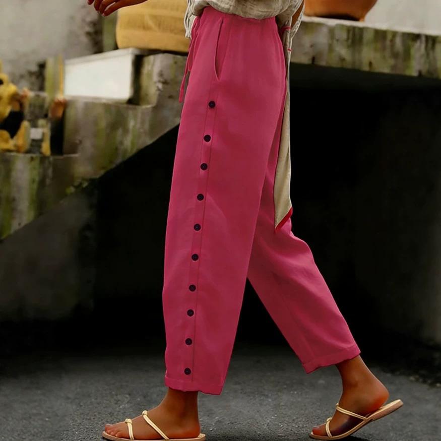 Womens Casual Patchwork Button Cropped Pants