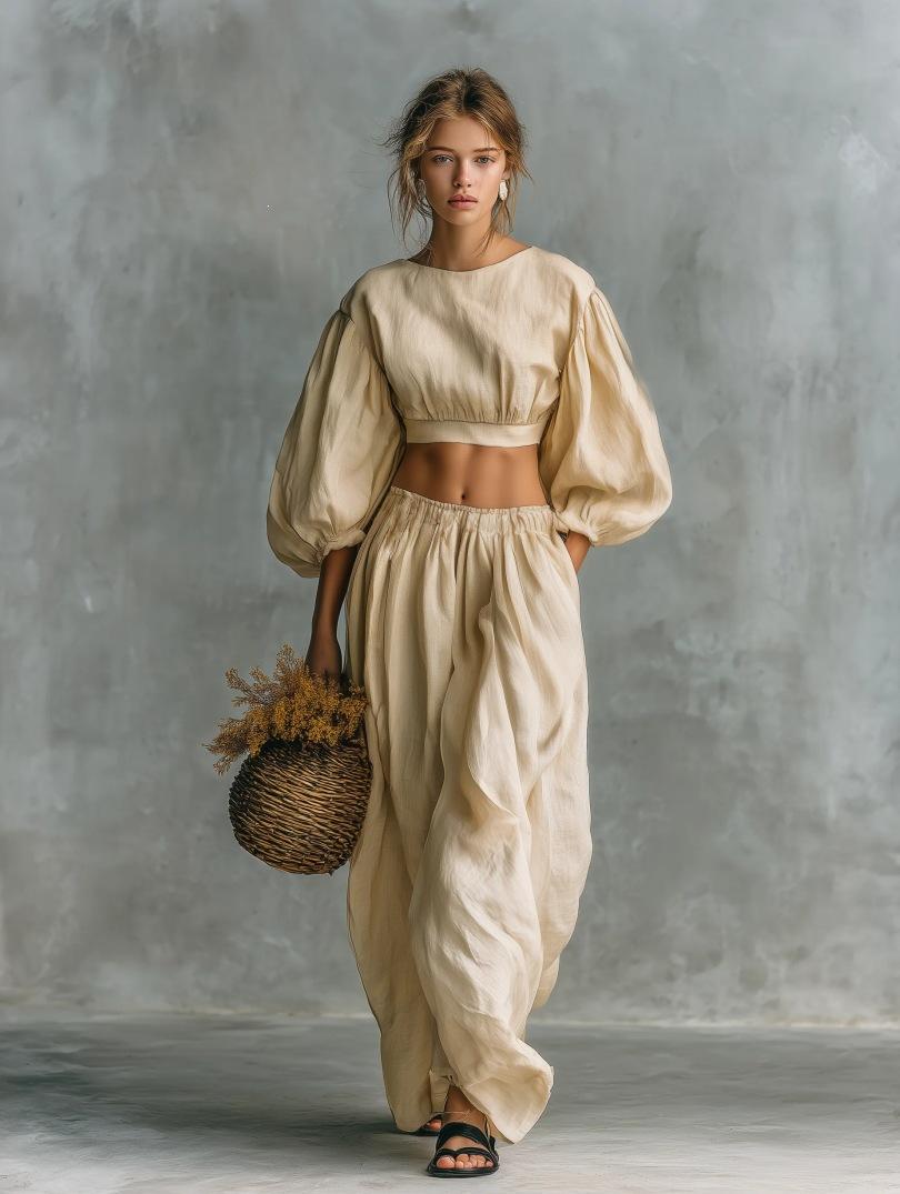 Crew-neck Puffed-sleeve Pocketed Pants Casual Womens Set