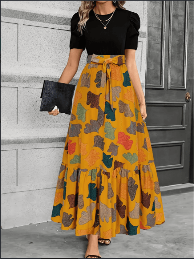 Leaf Print 2-in-1 High Waist Maxi Dress, Vintage Floral A-Line Long Dress