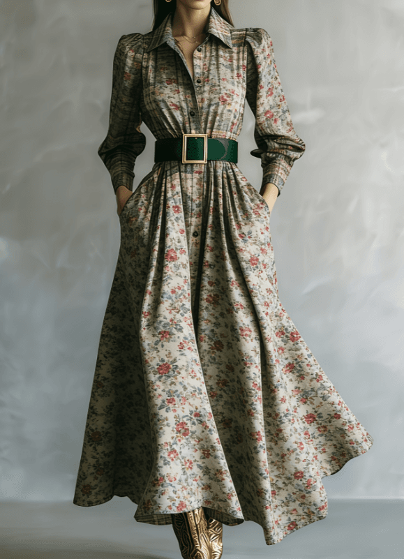 Waist-cinching Shirt Collar Casual Long Dress