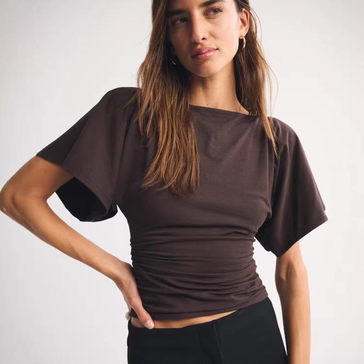 Womens Fashionable Casual T-Shirt With Batwing Sleeves And Waist Pleating