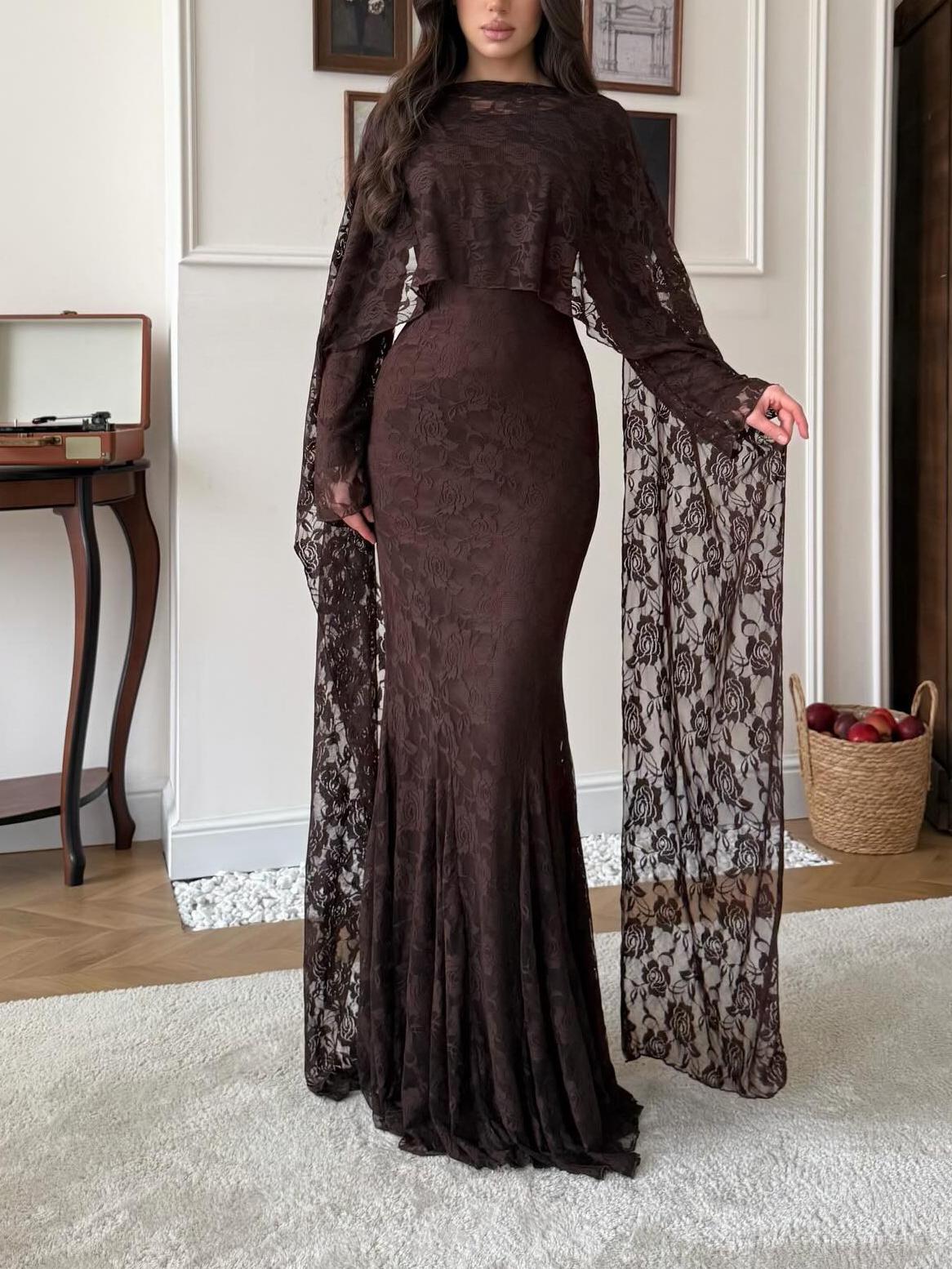 Ark Brown Lace Long Sleeve Mermaid Train Gown