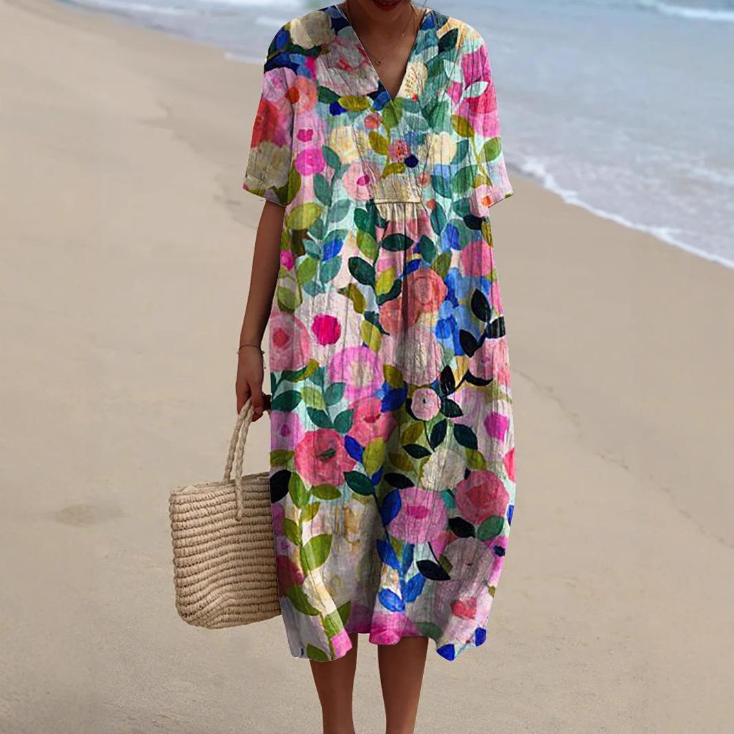 Cross-border Independent Station Amazon Shirt Dress Women's Casual Floral 3D Printed Sleeve Skirt