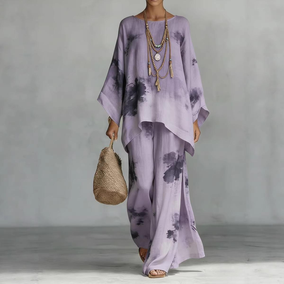 Women's Floral Print Linen Wide-Leg Two-Piece Set