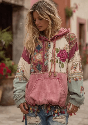 Vintage Hooded Jacket Versatile Lace-up Printed Sweatshirt