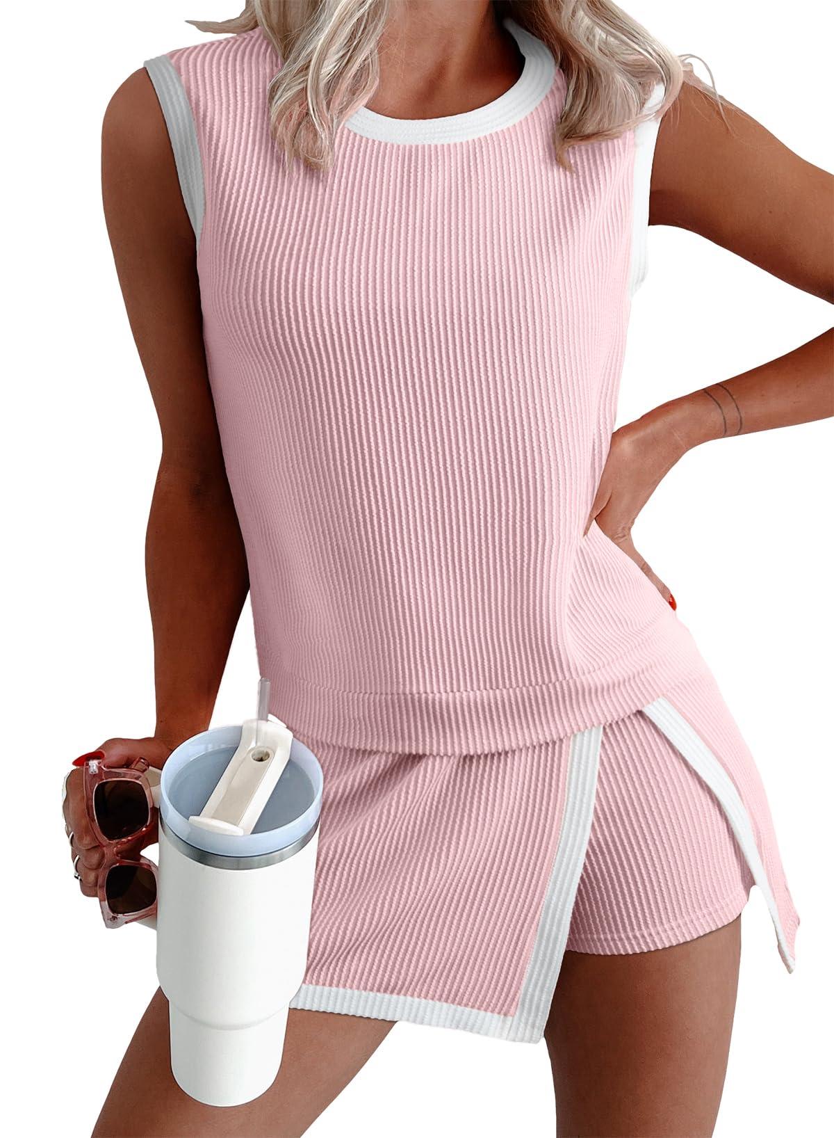 1Set Ribbed Sleeveless Top Shorts Set Women Summer Casual Two Piece Outfit