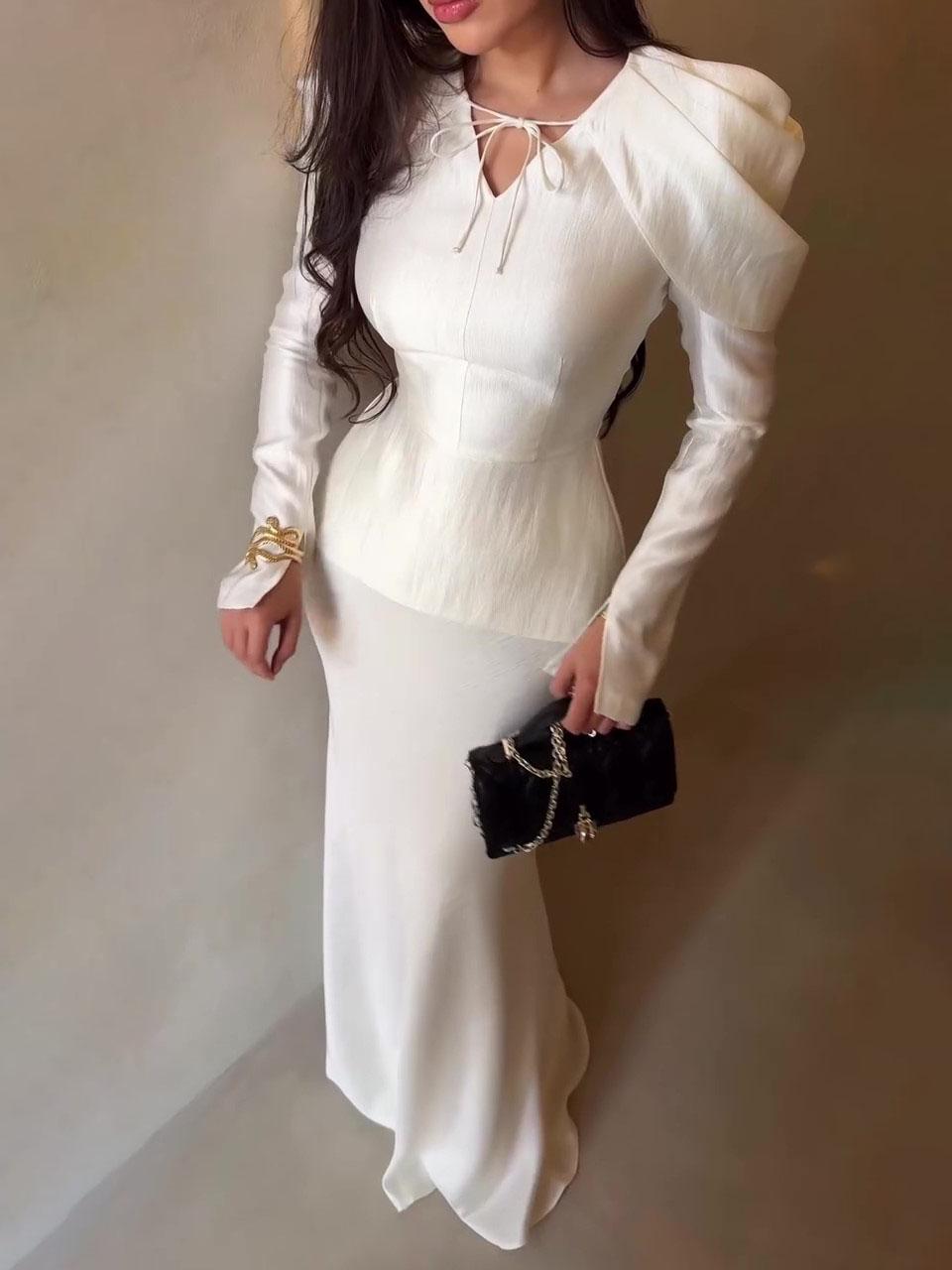 White Satin V-Neck Waist-Cinched Top & Mermaid Skirt Set