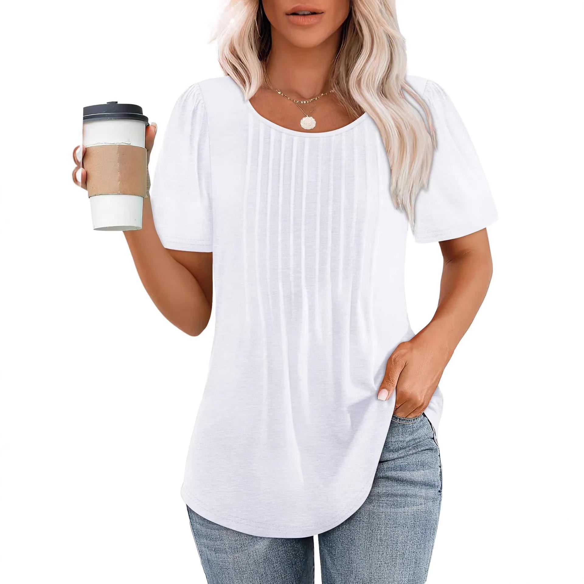 Pleated Round Neck Short-sleeved T-shirt Women's Top