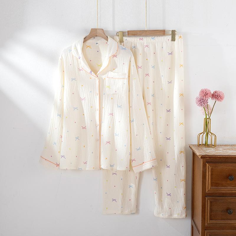 Women's Cotton Pajamas Crepe Cotton Cloth Thin Long-sleeved Homewear Suit