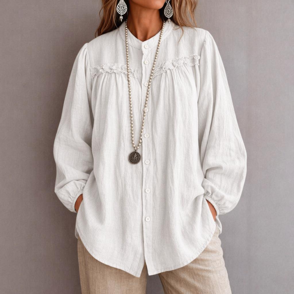 Embroidered Hollow-out Crew-neck Loose-fitting Versatile Long-sleeve Shirt