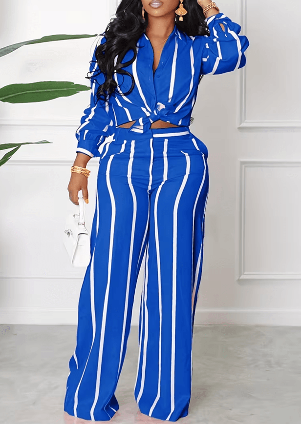 Women's American Retro Striped Lapel Long Sleeve Wide-Leg Pants Suit
