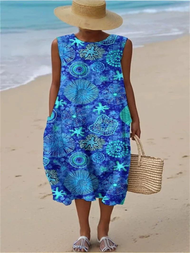 Women's Casual Printed Pocket Round Neck Dress