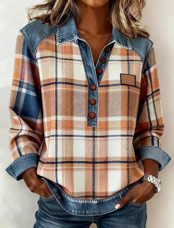Denim Patchwork Collar Button-down Casual Long-sleeved Top