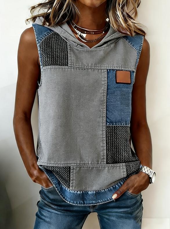 Casual Hooded Sleeveless Patchwork Denim-trimmed Loose-fitting Vest Sweatshirt For Women