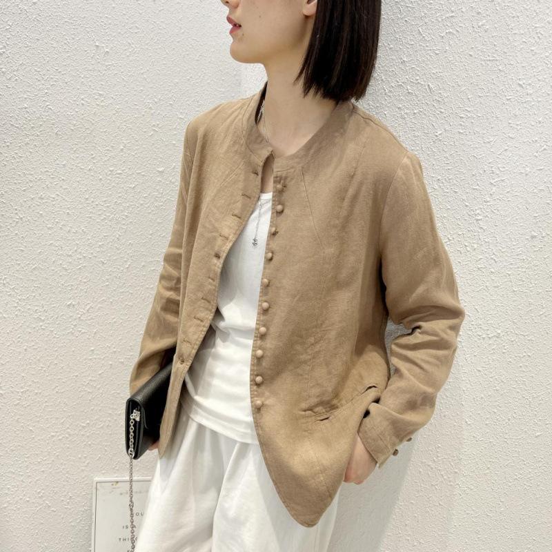 Long-sleeved Loose-fit Linen Patchwork Jacket