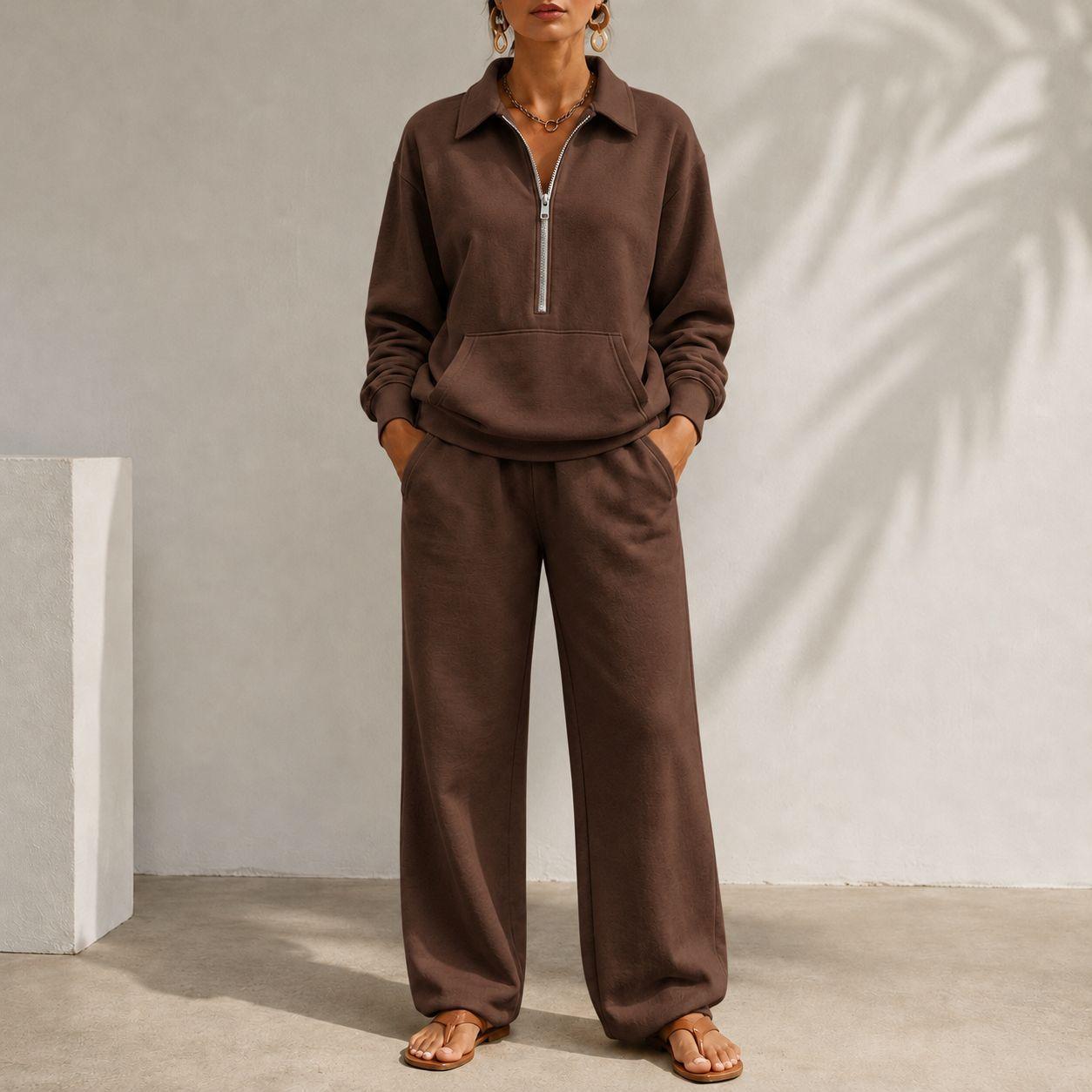 V-neck Patch-pocket Sweatshirt And Casual Wide-leg Trousers A Relaxed-fit Set