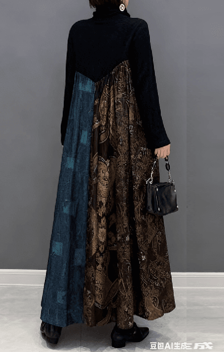 Women's Retro Ethnic Style Turtleneck Spliced Dress - Long-sleeved, Loose, Plus-size, Printed, Long-length, Elegant Knee-length Dress