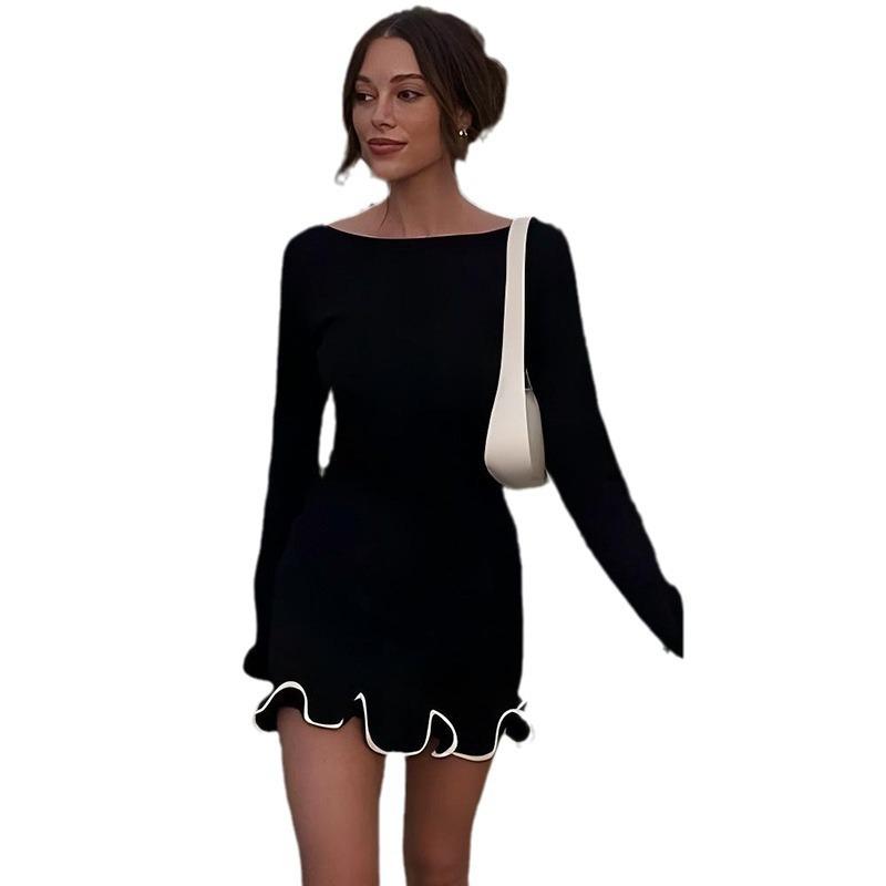 Autumn And Winter New Temperament Pure Color Round-neck Long-sleeved Dress