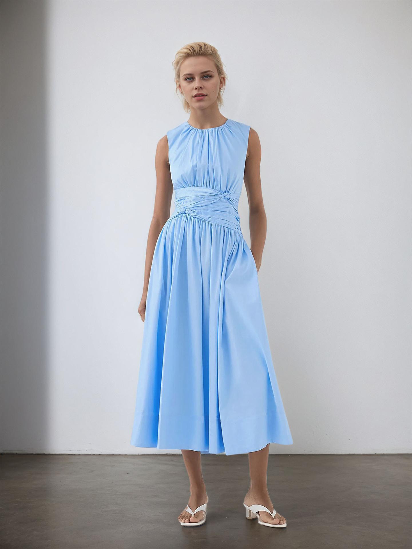 Elegant Fresh Round Neck Pleated Women's Dress