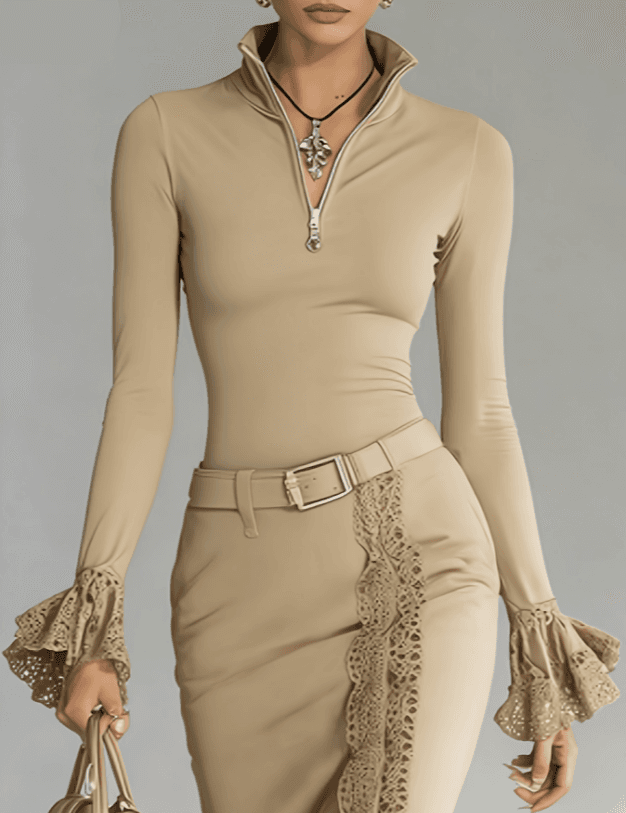 Lace-trimmed Stand-up Collar Zip-up Long-sleeved Top For Women