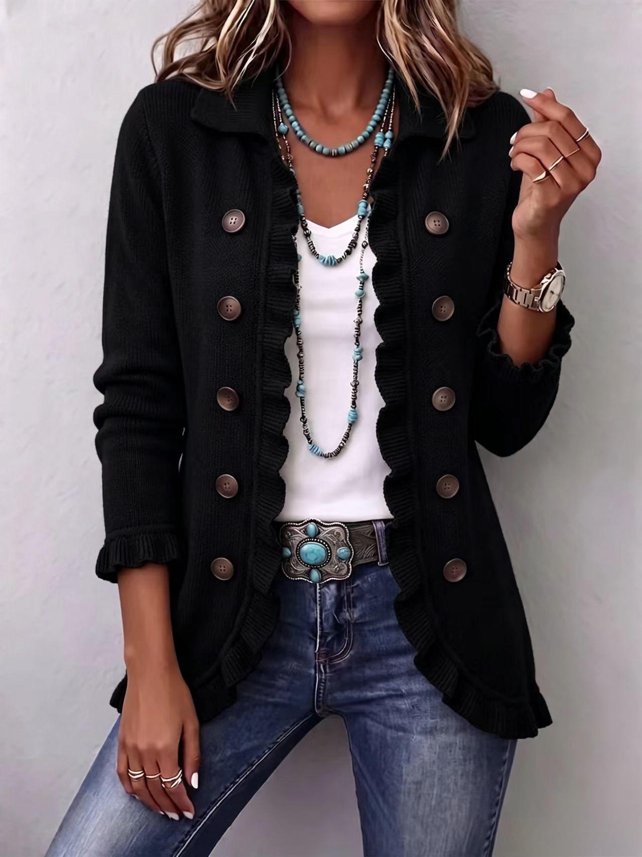 Elegant Womens Solid-Color Long-Sleeve Ruffled Knit Cardigan Sweater Coats With Buttons Spring Fall Front Opent Jackets Tops
