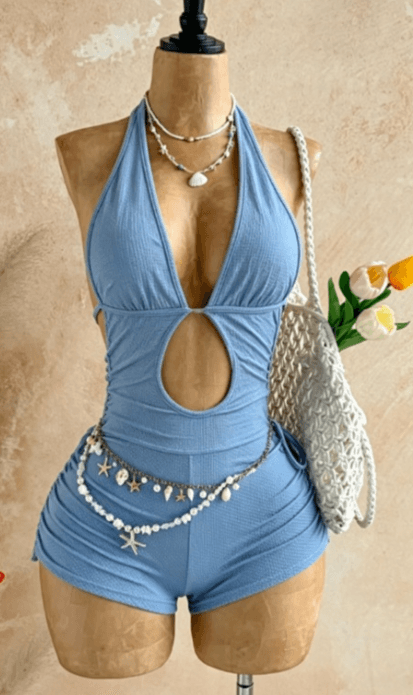 Halter Deep V Cutout Side Ruched Romper