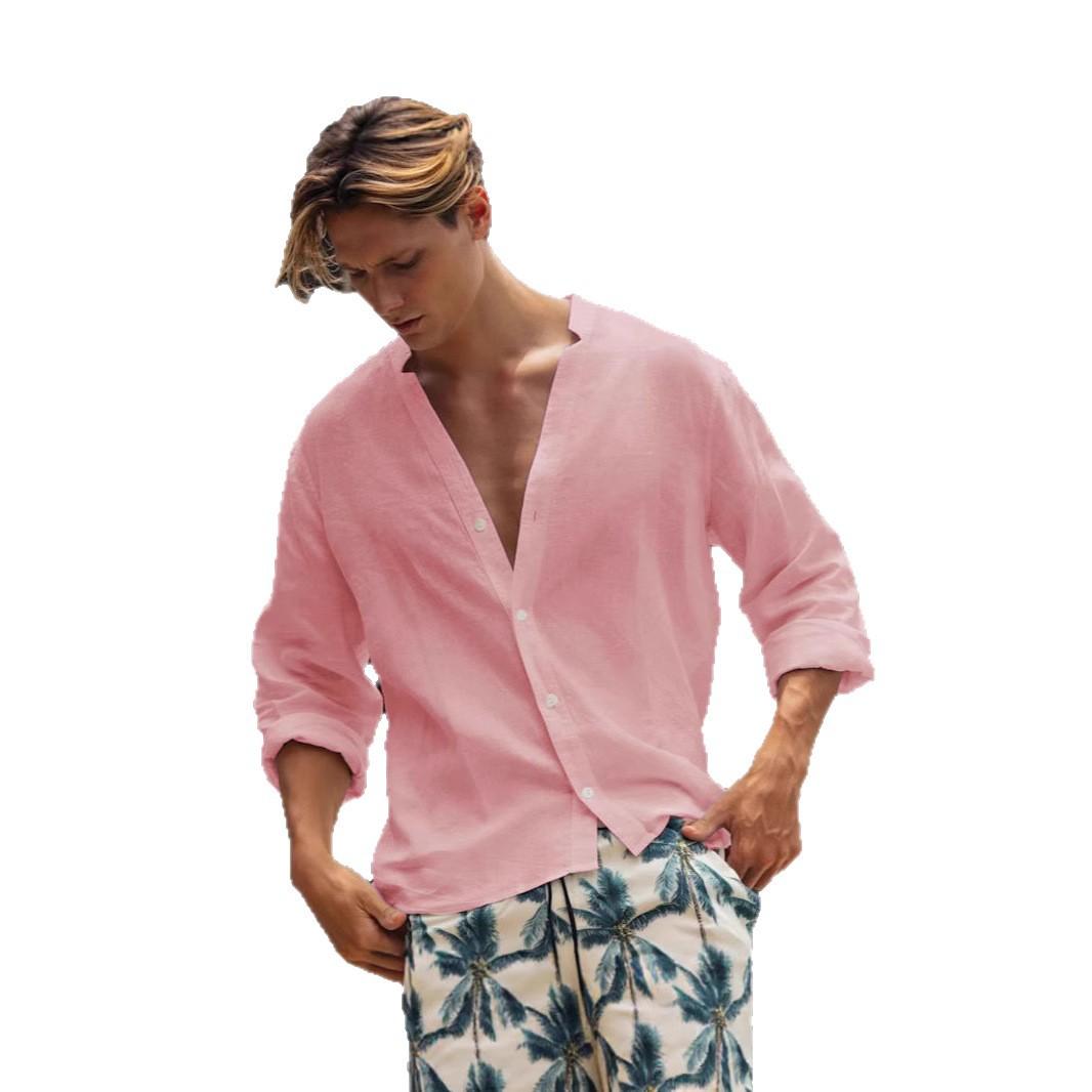 Mens Solid-color Casual Button-up Shirt Breathable