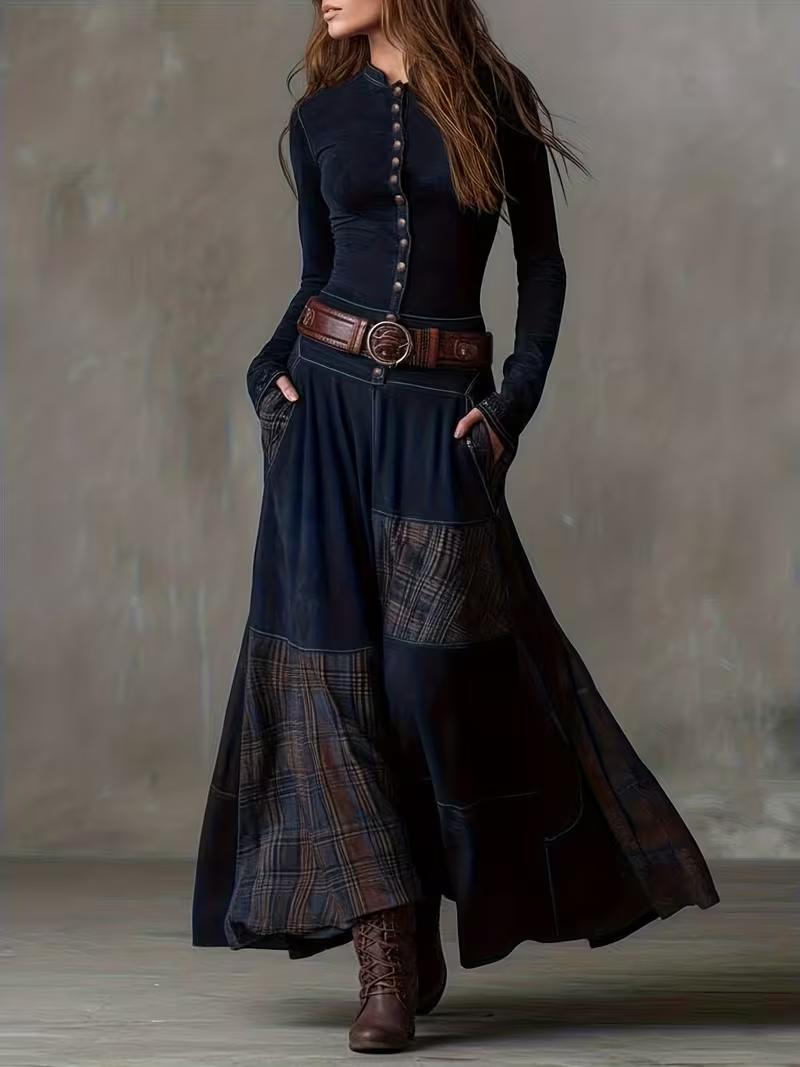 Casual Stand-up Collar Button-down Plaid Patchwork Slim-fit Dress