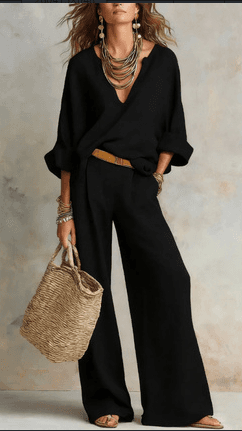 Relaxed Linen-Style V-Neck Batwing Sleeve Wide-Leg Pants Two-Piece Set