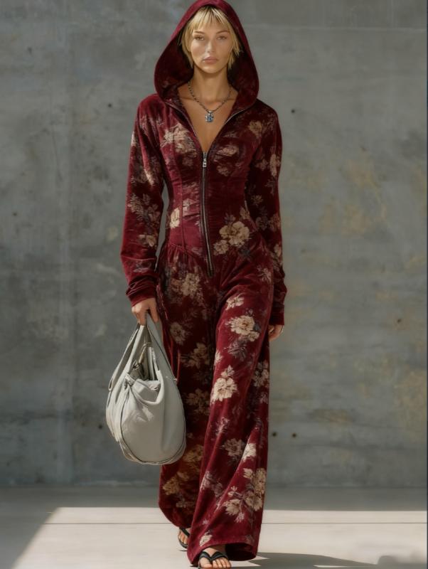 Printed Casual Hooded Zip-up Slim-fit Long Jumpsuit