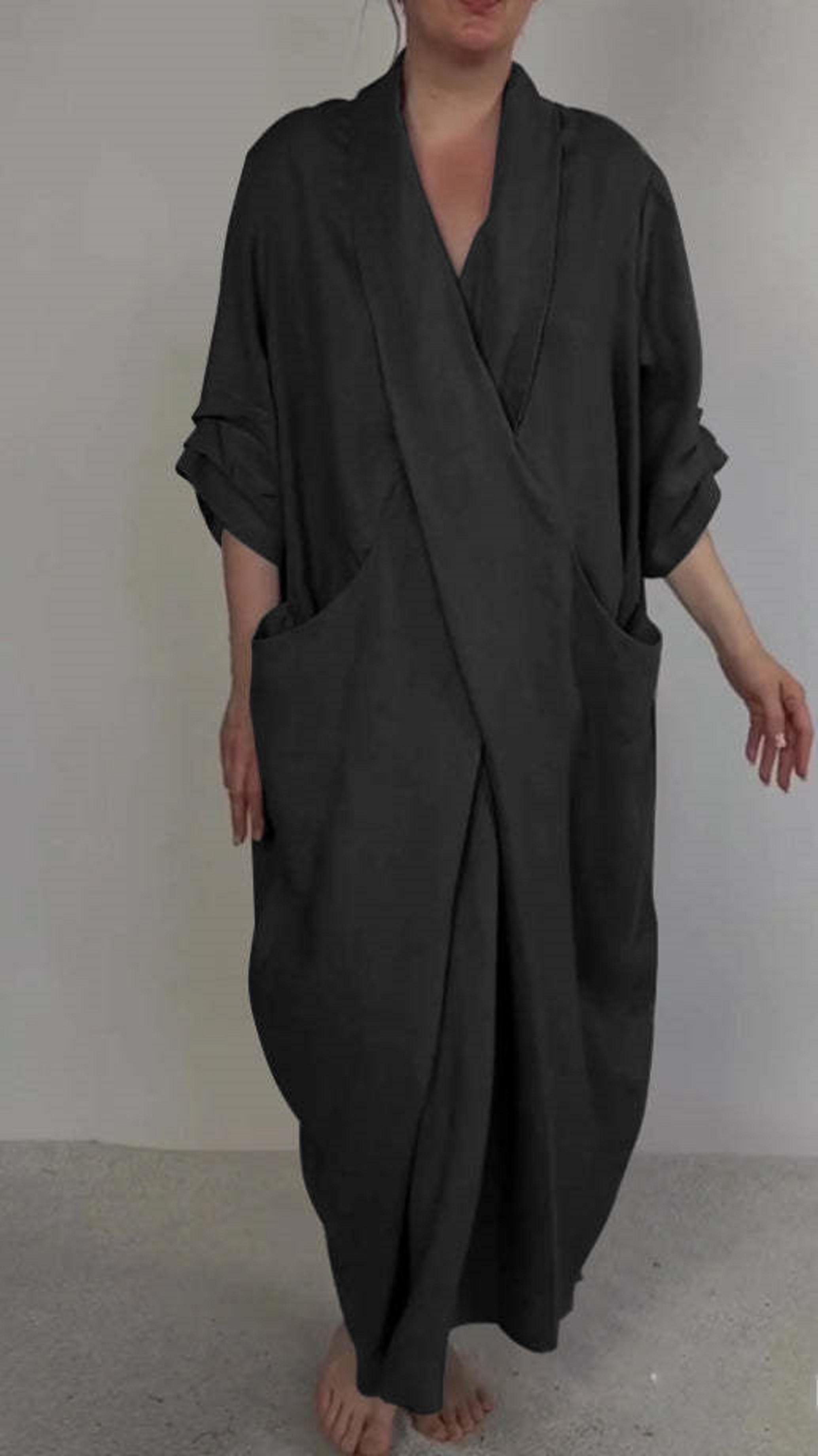 Linen Blend V-Neck Wrap Dress With Pockets